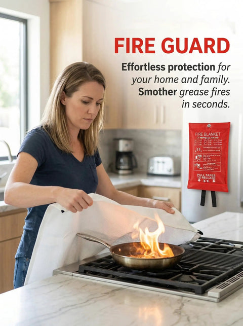 Woman using a Heavy Duty Fiberglass Emergency Fire Blanket to smother a grease fire on a kitchen stove.