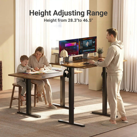 Claiks Electric Height Adjustable Standing Desk 40 By 24 Inches Rustic Brown Ergonomic Home Office in use with a man and child.