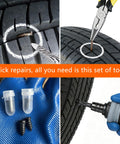 Tire Screw Plug Repair Kit No Tire Removal Sidewall Compatible Patch Plug Tool with Portable Storage Bag showing puncture repair process.