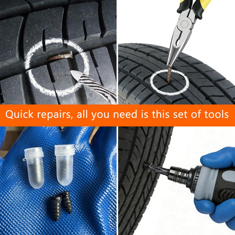 Tire Screw Plug Repair Kit No Tire Removal Sidewall Compatible Patch Plug Tool with Portable Storage Bag showing puncture repair process.