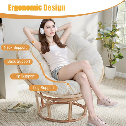 Woman lounging on Papasan Chair Cushion 48 Inch Square Thick 6 Inch Cushion With Thick Corduroy Cover Beige Cushion Only