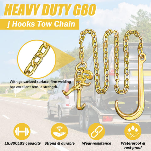 Two Pack Grade 80 Tow Chain With J Hooks And RTJ Grab Hooks Five Sixteenth Inch By Six Foot Recovery Chain 18800 Lbs Tow Truck Bridle Chain Wrecker Towing Equipment displayed with durability features