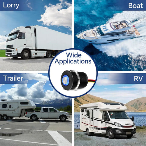 Built Tough 12 Volt Light Dimmer PWM Switch For RV And Boat Featuring Sleek Blue Backlight Ultra Smooth Brightness Adjustment Rugged Aluminum Housing Rated 6 Amp with applications in lorries, boats, trailers, and RVs.