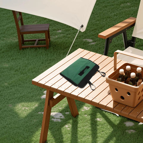 Chef Knife Roll Bag For Outdoor Cooking And Camping Portable Cutter Carrier with handle on wooden table outdoors
