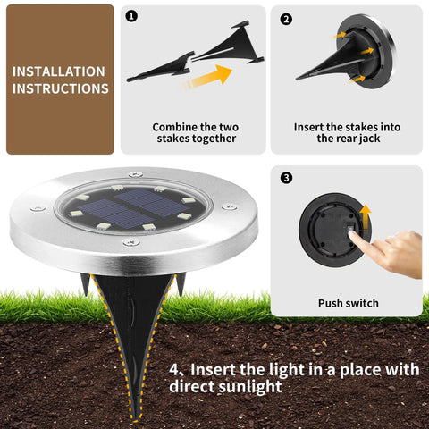 Diagram showing installation steps for Outdoor Solar Ground Lights 12 Pack Waterproof Landscape Pathway Lighting for Driveway.