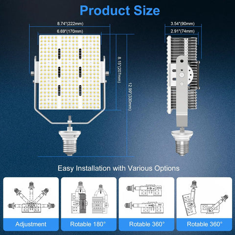 Product diagram showing dimensions and installation options for 240W LED Parking Lot Retrofit Kit Ultra Bright 34800 Lumen 5000K