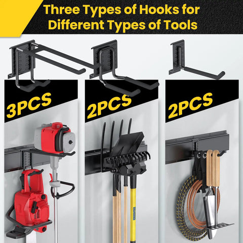 Rock Solid 48 Inch Wall Mount Tool Storage Rack Featuring Adjustable Rails And Beefy Double Layer Hooks For Heavy Duty Garage Organization No Sweat Setup And Broom Holder