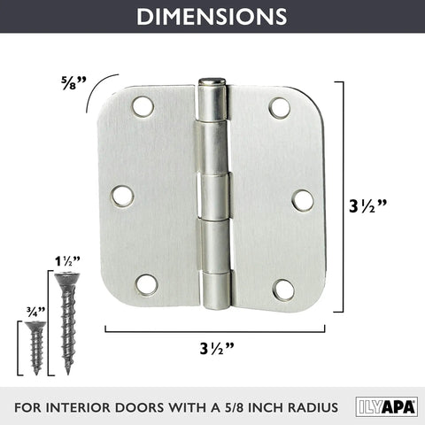 18 Pack Interior Door Hinges In Brushed Nickel Finish, 3.5 By 3.5 Inches, Satin Nickel Hardware, with screws and dimensions shown