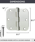 18 Pack Polished Chrome Interior Door Hinges 3.5 x 3.5 Inches With 5/8 Inch Radius Corners, shown with dimensions and screws