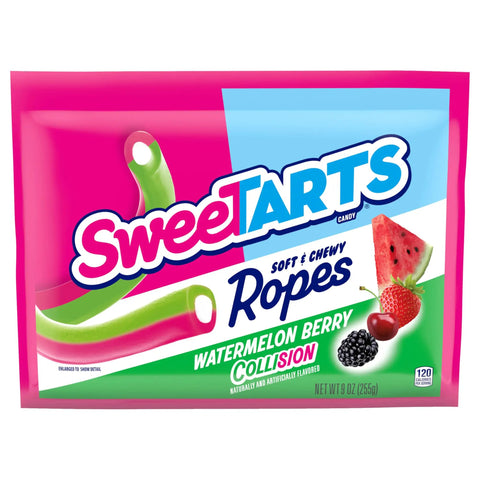 Colorful package of Watermelon Berry Collision Ropes Candy Soft And Chewy 9 Oz Bag with tart filling, showcasing fruits.