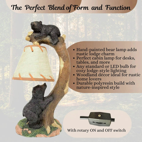 Cozy Cabin Vibes Table Lamp With Hand Painted Tree Climbing Bears Night Light for desk or nightstand, rustic woodland decor