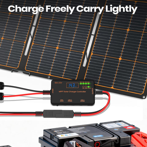 10 Amp 12 Volt MPPT Solar Charge Controller with LCD Display and USB C PD 36W Plus USB A QC 18W connected to solar panel.