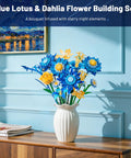 Starry Blooms Flower Bouquet Building Set for Adults Totally Inspired by Van Gogh Starry Night 14 Realistic Flowers Made from 512 ABS Bricks Compatible With Lego Botanicals Creative DIY Decor for Display or Gifting, blue lotus and dahlia bouquet in vase