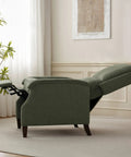 Green Fabric Recliner Chair With Soft Armrests, Adjustable Push Back, And Lumbar Support in side view in living room