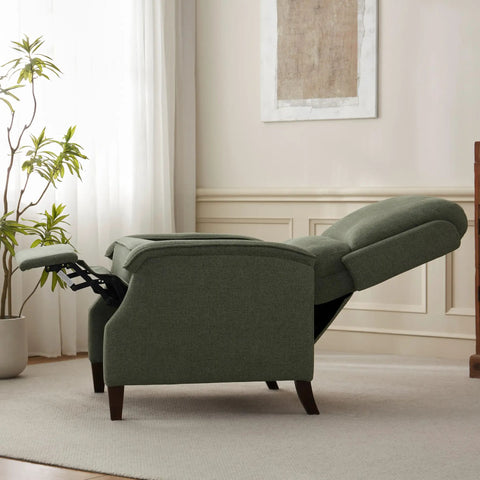 Green Fabric Recliner Chair With Soft Armrests, Adjustable Push Back, And Lumbar Support in side view in living room