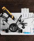 2 In 1 Magnetic Helping Hands Soldering Station with Silicone Mat and PCB Holder, 5X LED Magnifying Lamp in use on wooden table