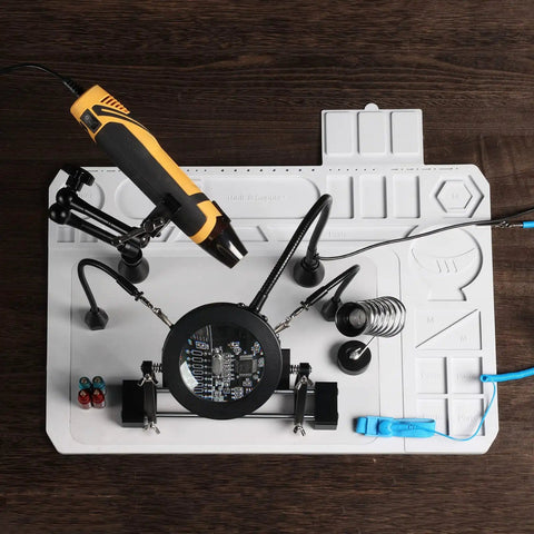 2 In 1 Magnetic Helping Hands Soldering Station with Silicone Mat and PCB Holder, 5X LED Magnifying Lamp in use on wooden table