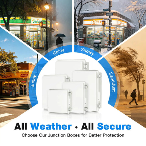 Heavy Duty Outdoor Junction Box Waterproof IP67 ABS Plastic Electrical Enclosure With Stainless Steel Latch For USA DIY Builders in various weather conditions.