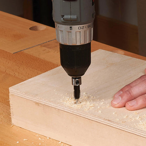 Drill using 9/64 To 3/8 Inch Carbide Tipped Countersink Set With Brad Point Pilot For Hardwood on wood
