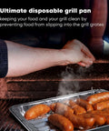 Person placing sausages on a grill using 25 Pack Disposable Aluminum Broiler Pans For BBQ And Grilling Durable Ribbed Bottom Surface Pans 13.4 X 9 X 0.85 Inches Epic Value Multi Pack For Drip Pans And Grill Trays.