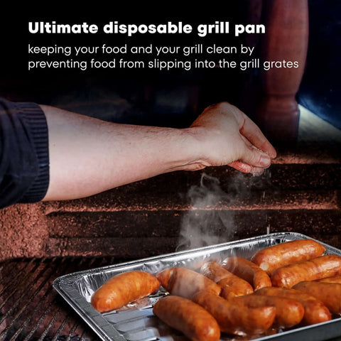 Person placing sausages on a grill using 25 Pack Disposable Aluminum Broiler Pans For BBQ And Grilling Durable Ribbed Bottom Surface Pans 13.4 X 9 X 0.85 Inches Epic Value Multi Pack For Drip Pans And Grill Trays.