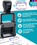 Heavy Duty Self Inking Date Stamp With Snap Cover Crisp Blue Ink Markings Valid Through 2033 For Daily Office Use with imprint size detail.