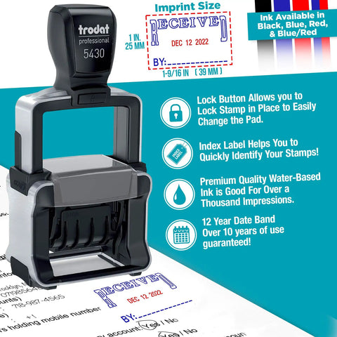 Heavy Duty Self Inking Date Stamp With Snap Cover Crisp Blue Ink Markings Valid Through 2033 For Daily Office Use with imprint size detail.