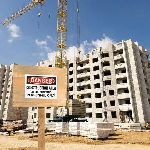 Danger Construction Area Authorized Personnel Only OSHA Sign at a construction site, building in background, 9x12 inch sign visible.