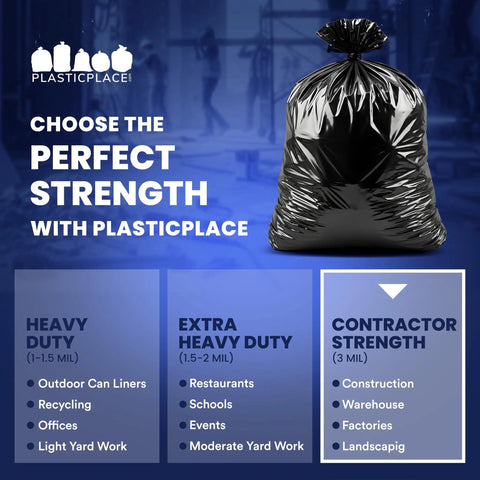 55 Gallon Heavy Duty Contractor Bags 4 Mil Puncture And Tear Resistant Trash Liners 38 X 58 Inch Built For Rough Jobs Handles Glass Nails Metal Wood Cardboard 32 Bags Per Case shown with durability options.