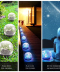 4 Pack Solar Globe Lights Outdoor Waterproof LED Cracked Glass Orbs illuminating pathways, floor, and indoors with warm glow.
