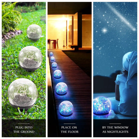 4 Pack Solar Globe Lights Outdoor Waterproof LED Cracked Glass Orbs illuminating pathways, floor, and indoors with warm glow.