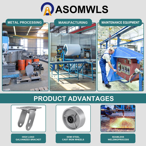 ASOMWLS 5x2 heavy-duty caster wheels with steel and cast-iron wheels, 4000 lb capacity, roller bearings, 4 brakes