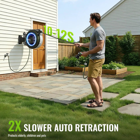 Person using Heavy Duty Wall Mounted Garden Hose Reel With 106.6 Ft Reach 1/2 Inch PVC Hose on patio, slow auto retraction