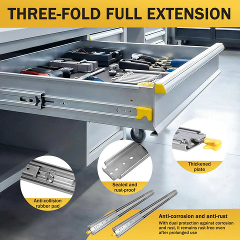 Open toolbox drawer displaying Side Mount Drawer Slides 80 Inch Length Whisper Quiet Full Extension 500 LB Capacity Ball Bearing Rails With Lock