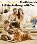 Family with dog in living room next to 2 In 1 Heater And Fan Portable Space Heater With 60 Degree Oscillation For Indoor Use 1500W 750W