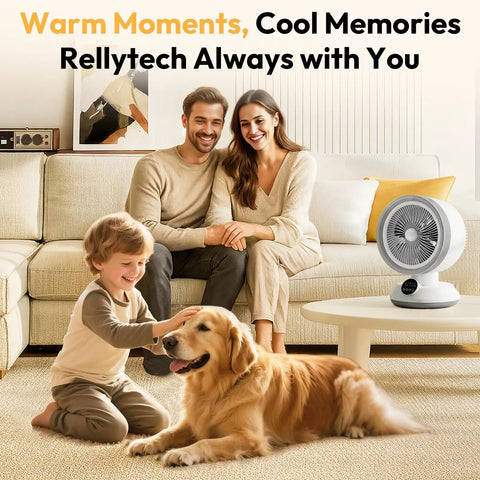 Family with dog in living room next to 2 In 1 Heater And Fan Portable Space Heater With 60 Degree Oscillation For Indoor Use 1500W 750W