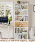 Top Shelf Six Tier Tall Bookshelf And White Bookcase Featuring Extra Roomy Open Display Shelves For Modern Living Room Storage And Home Office Decor Organization Rack with books and decor.