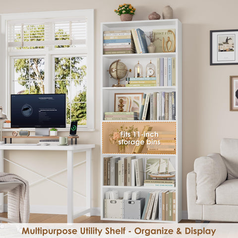 Top Shelf Six Tier Tall Bookshelf And White Bookcase Featuring Extra Roomy Open Display Shelves For Modern Living Room Storage And Home Office Decor Organization Rack with books and decor.