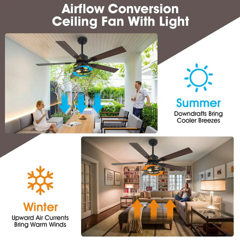 Airflow Conversion Ceiling Fan With Light, 52 Inch size, enhances summer cooling and winter warmth for cozy interiors.