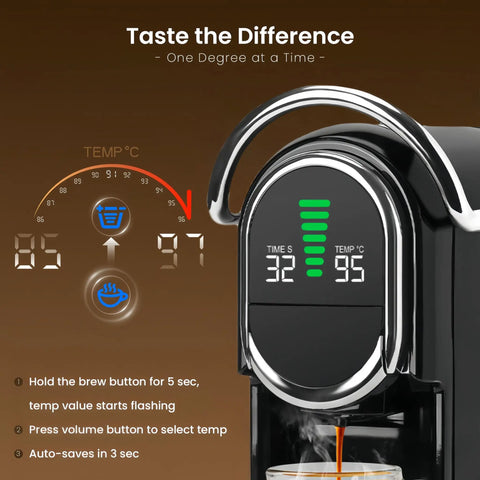 Close-up of Mini Espresso Machine With All In One Pod Adapters for Nespresso Original, displaying digital temperature adjustment.
