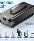 Portable Spot Welder With Farad Capacitor Energy Storage 3000F showcasing wires, wand, manual, and accessories.