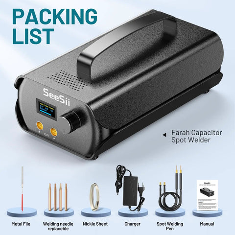 Portable Spot Welder With Farad Capacitor Energy Storage 3000F showcasing wires, wand, manual, and accessories.