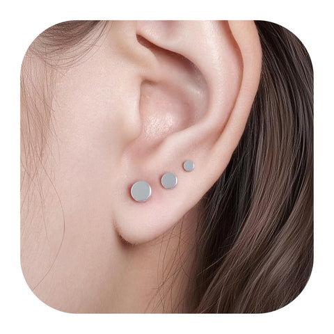 Implant Grade F136 Titanium Dot Stud Earrings Featuring Secure Screw Back Flat Posts, shown in three sizes on ear.
