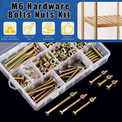 253 Piece M6 Hex Socket Cap Screws Hardware Kit For Baby Cribs And Furniture Includes Nuts, Washers, Barrel Nuts, And M4 and M6 Wrenches With Multiple Length Bolts From 25 To 75mm For Easy DIY Fixes On Chairs, Tables, Cabinets And More in storage case.