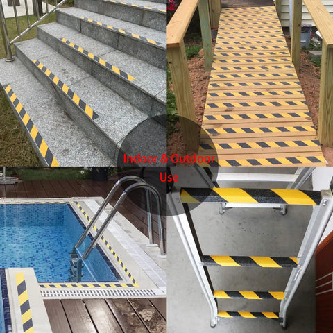 Heavy Duty Non Slip Traction Tape For Indoor Outdoor Stairs And Floors, Waterproof Yellow Caution Grip Tape, installed on various steps