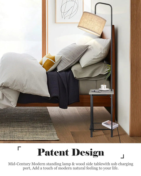 Rustic Cozy Solid Wood End Table Floor Lamp With Built In USB Type C Port And Electrical Outlet in a bedroom setting