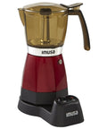 Electric Espresso Moka Maker For 3 To 6 Cups, 48 Oz Capacity, Red, Easy Home Brew Boss with transparent lid and handle, on a black base.