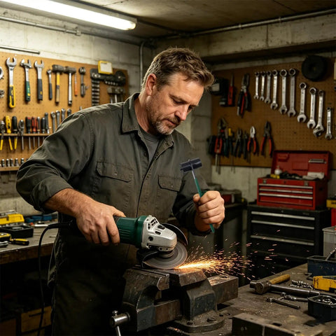 Man using Ultra Rock Hard Angle Grinder Wrench Offering Zero Fuss Disc Changes And Sweet Grip On Stubborn Backing Nuts.