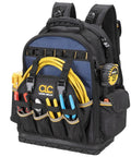38 Pocket Molded Base Tool Backpack With Upright Stand Heavy Duty 1680D Ballistic Polyester Durable Pro Grade Tool Carrier For Tradesmen Black And Blue, front view