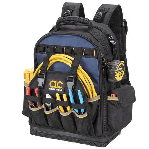 38 Pocket Molded Base Tool Backpack With Upright Stand Heavy Duty 1680D Ballistic Polyester Durable Pro Grade Tool Carrier For Tradesmen Black And Blue, front view
